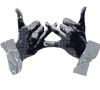 Illustration of two hands making a hand sign with taped wrists.