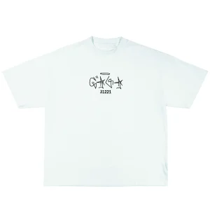 White t-shirt with graffiti-style 31221 design and halo above text.